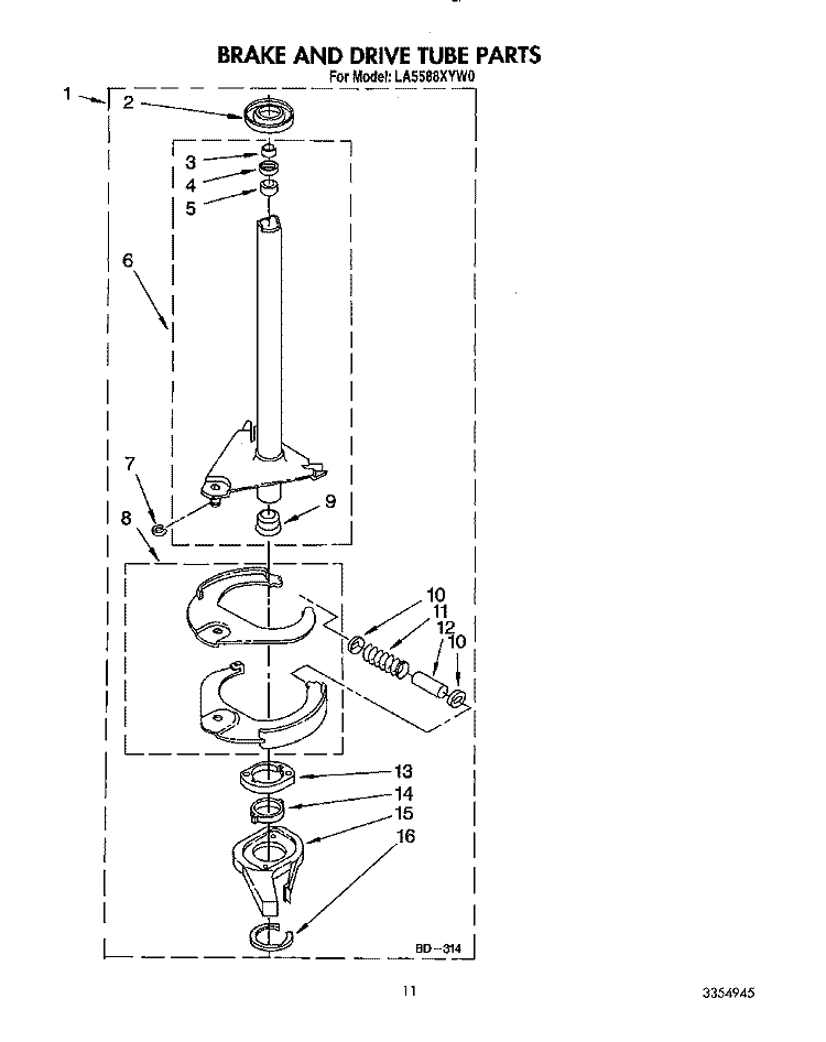 BRAKE AND DRIVE TUBE Diagram and Parts List for LA5588XYW0  Whirlpool Washer