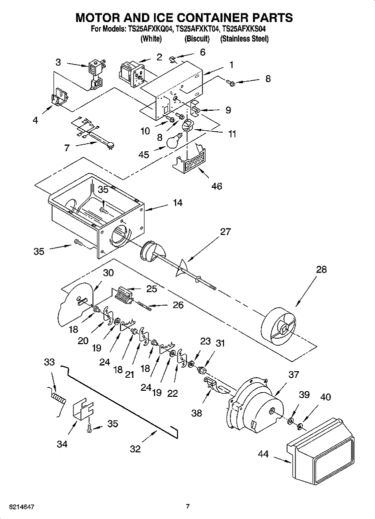 MOTOR AND ICE CONTAINER PARTS Diagram and Parts List for TS25AFXKQ04  Estate Refrigerator