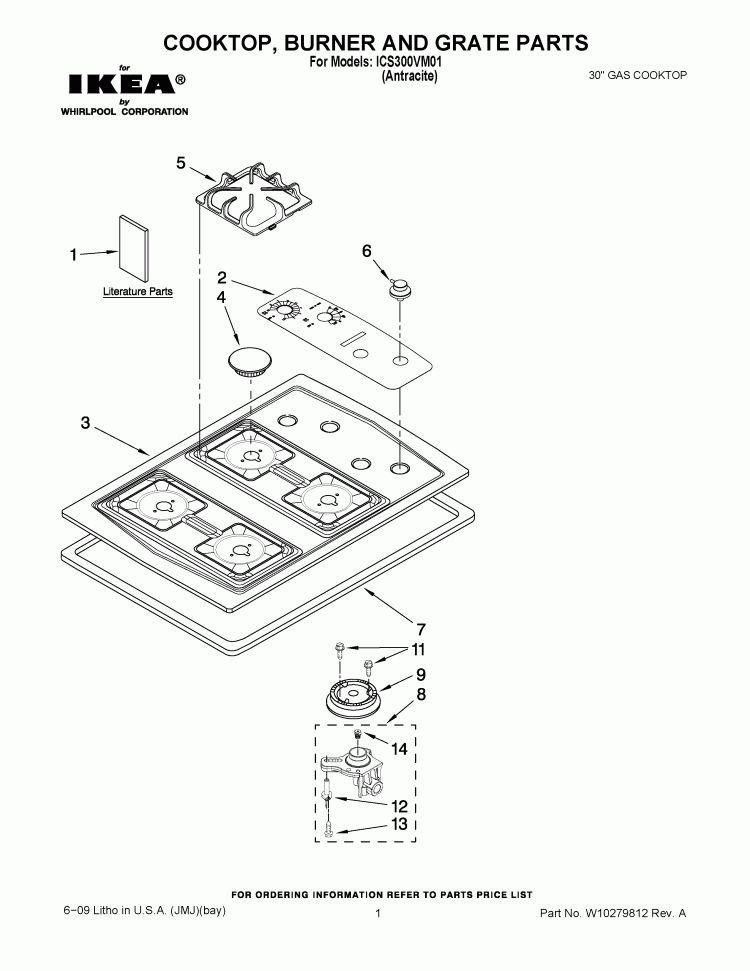 COOKTOP, BURNER AND GRATE PARTS Diagram and Parts List for ICS300VM01  Whirlpool Cooktop
