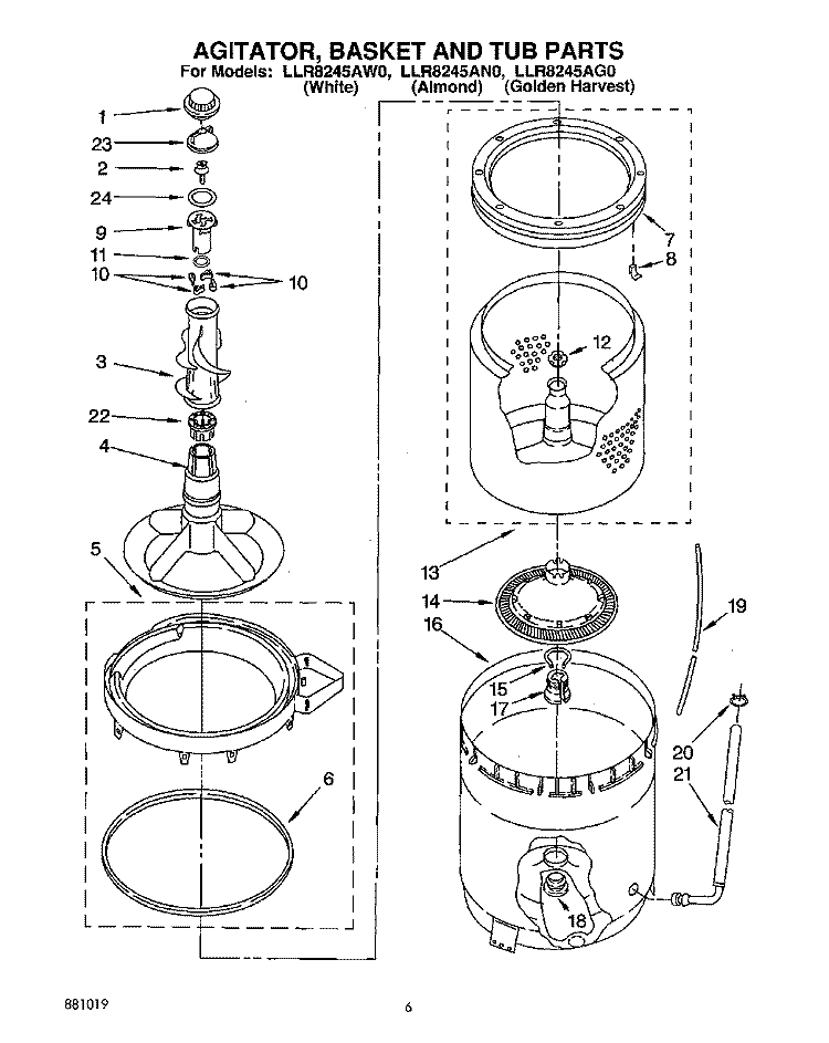 AGITATOR, BASKET AND TUB Diagram and Parts List for LLR8245AG0  Whirlpool Washer