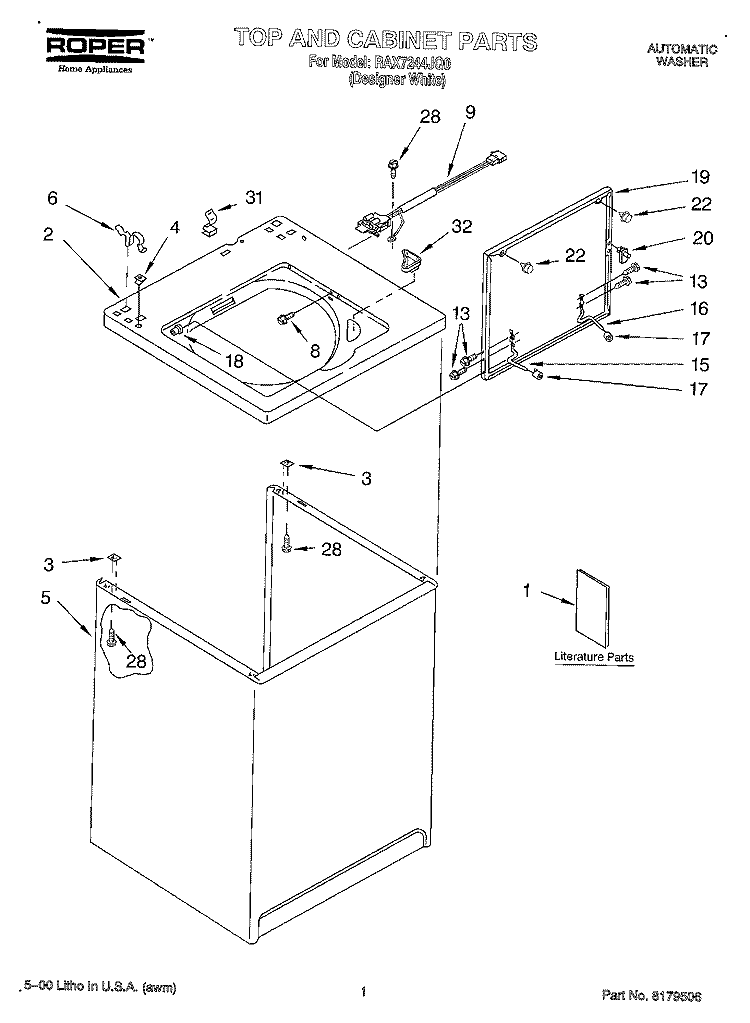 TOP AND CABINET, LITERATURE Diagram and Parts List for 95LEGB5  Whirlpool Washer