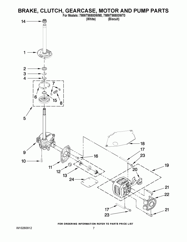 BRAKE, CLUTCH, GEARCASE, MOTOR AND PUMP PARTS Diagram and Parts List for 7MWT98800WM0  Whirlpool Washer
