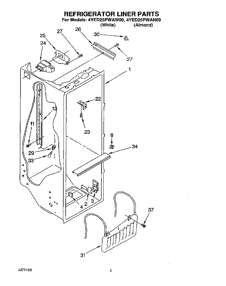 REFRIGERATOR LINER Diagram and Parts List for 4YED25PWAW00  Whirlpool Refrigerator