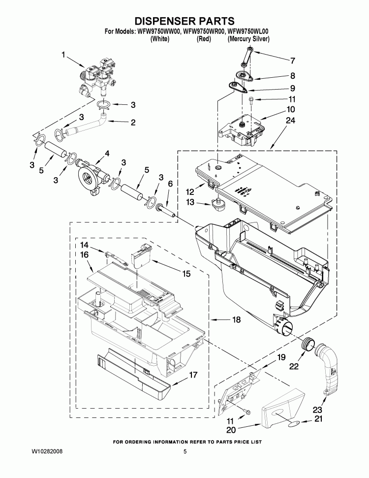 DISPENSER PARTS Diagram and Parts List for WFW9750WR00  Whirlpool Washer