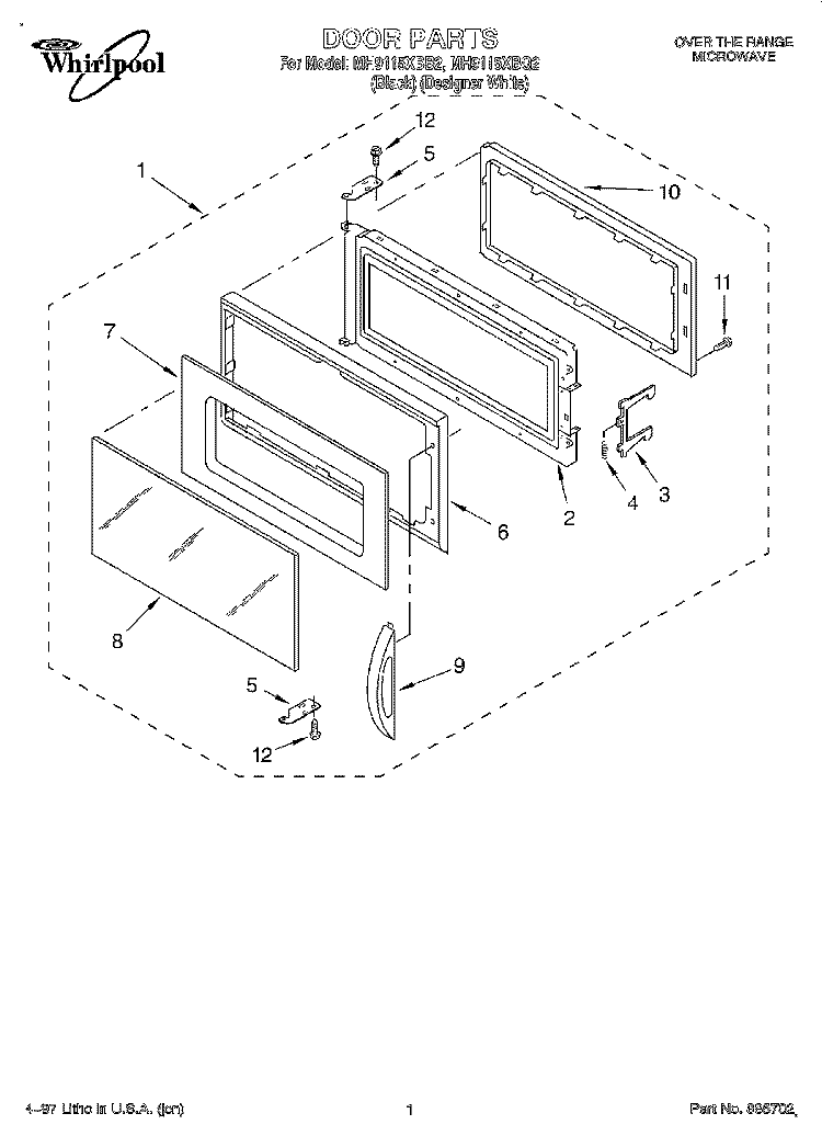 DOOR Diagram and Parts List for MH9115XBB2  Whirlpool Microwave