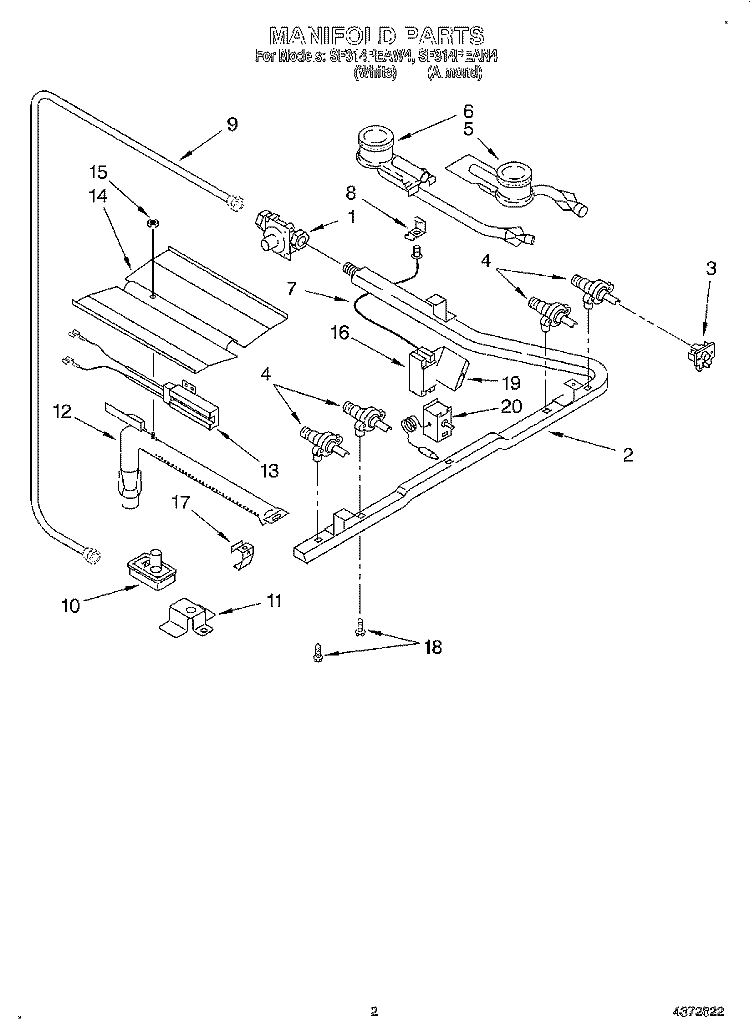 MANIFOLD Diagram and Parts List for SF314PEAW4  Whirlpool Range