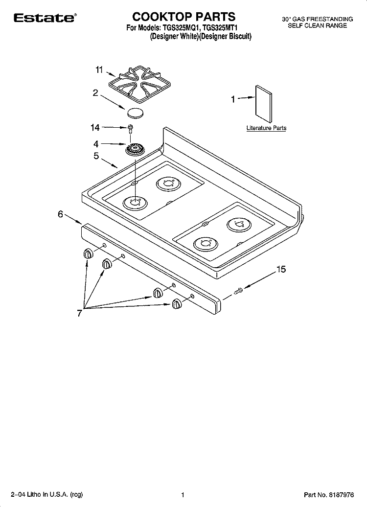 COOKTOP PARTS Diagram and Parts List for TGS325MQ1  Estate Range