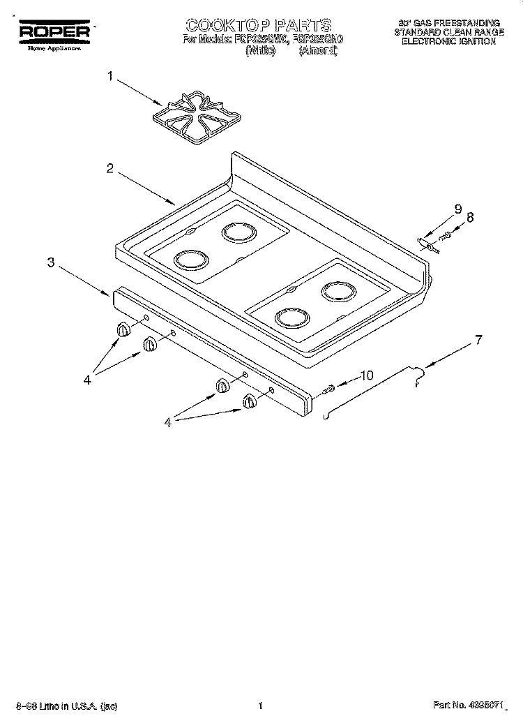 COOKTOP Diagram and Parts List for FGP325GN0  Roper Range