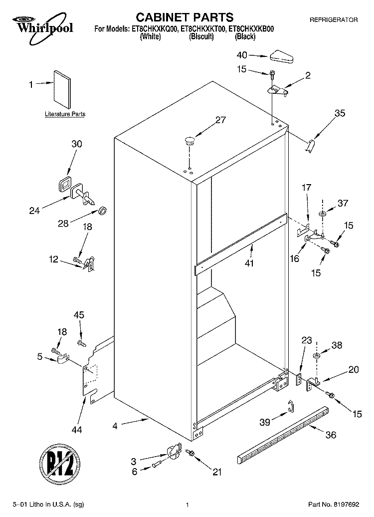 CABINET, LITERATURE Diagram and Parts List for ET8CHKXKQ00  Whirlpool Refrigerator