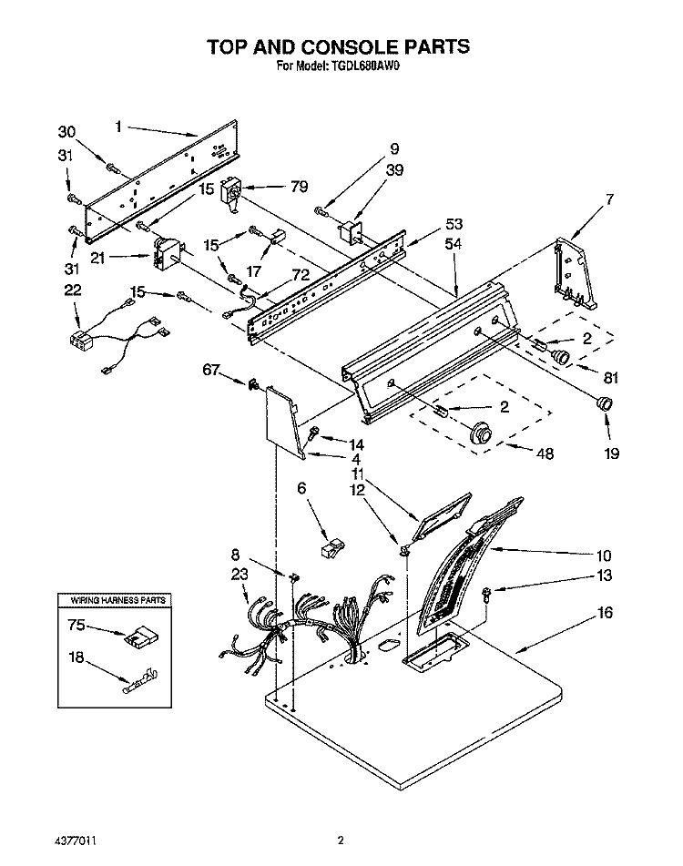 TOP AND CONSOLE, LIT/OPTIONAL Diagram and Parts List for TGDL680AW0  Whirlpool Dryer