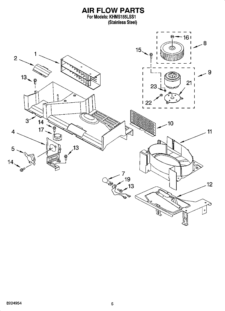 AIR FLOW PARTS Diagram and Parts List for KHMS155LSS1  KitchenAid Microwave
