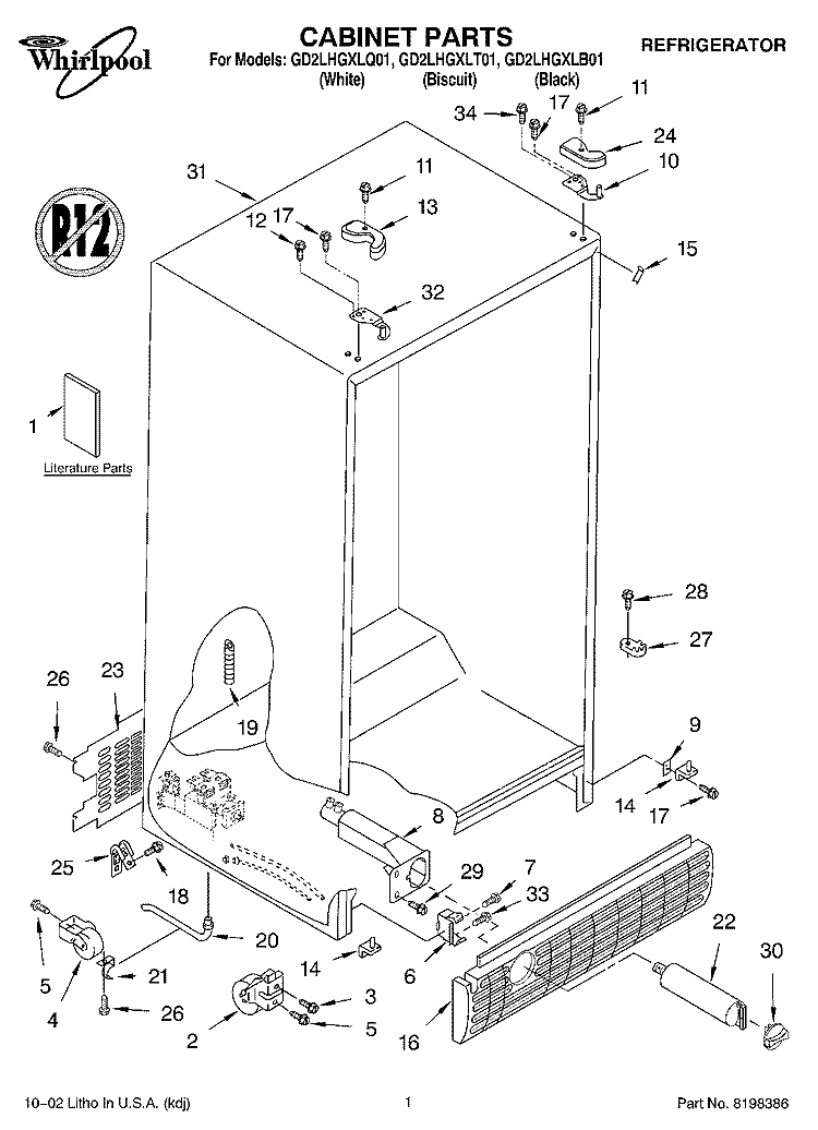 CABINET, LITERATURE Diagram and Parts List for GD2LHGXLB01  Whirlpool Refrigerator