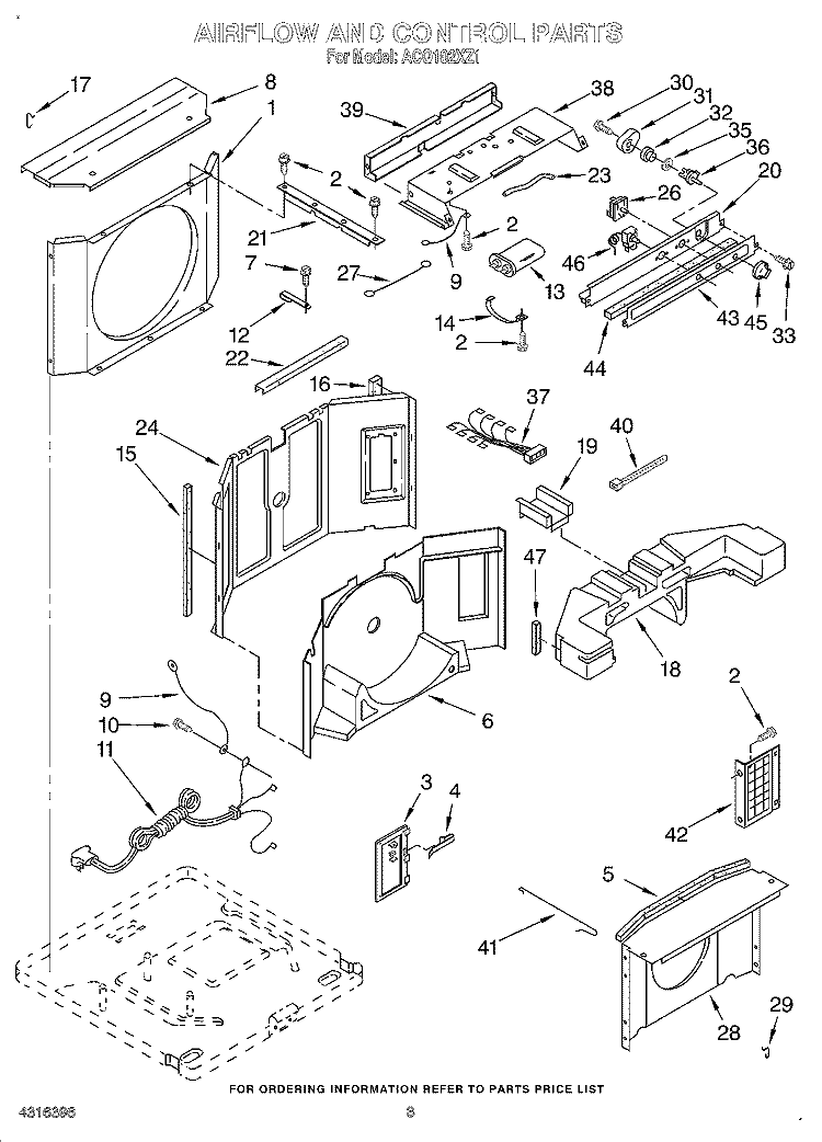 AIR FLOW AND CONTROL Diagram and Parts List for ACQ102XZ1  Whirlpool Air Conditioner