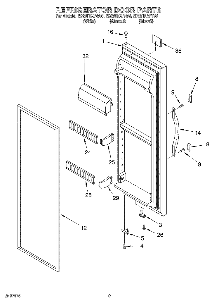 REFRIGERATOR DOOR Diagram and Parts List for ED20TKXFN05  Whirlpool Refrigerator