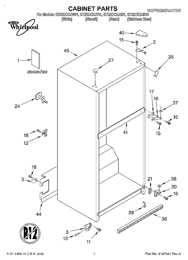 CABINET, LITERATURE Diagram and Parts List for GT22DCXJW01  Whirlpool Refrigerator