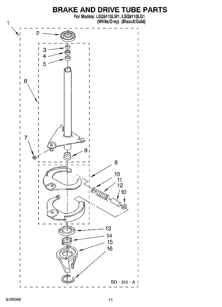 BRAKE AND DRIVE TUBE PARTS Diagram and Parts List for LSQ9110LG1  Whirlpool Washer