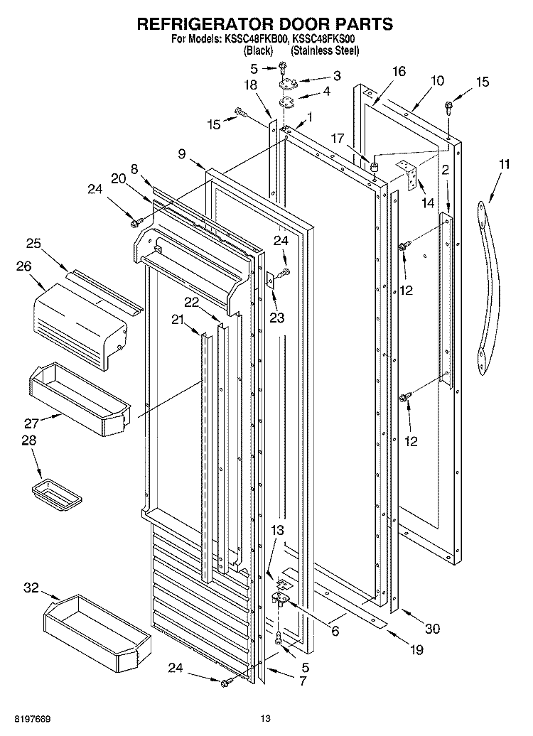 REFRIGERATOR DOOR Diagram and Parts List for KSSC48FKB00  KitchenAid Refrigerator