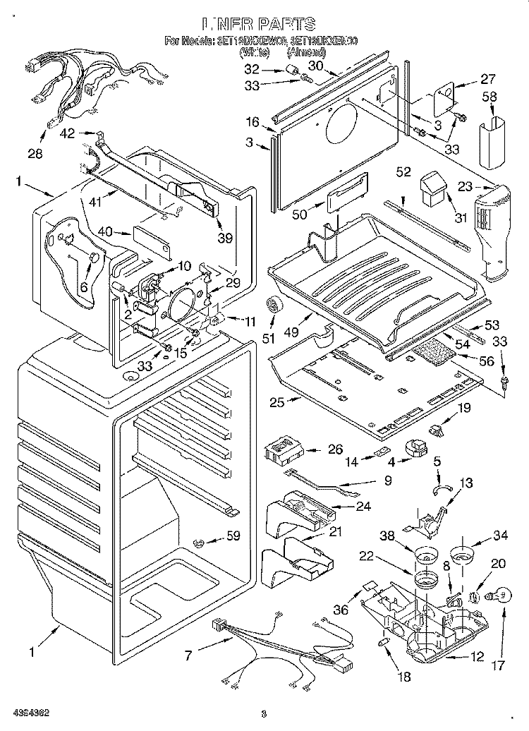 LINER Diagram and Parts List for 3ET19DKXEW00  Whirlpool Refrigerator