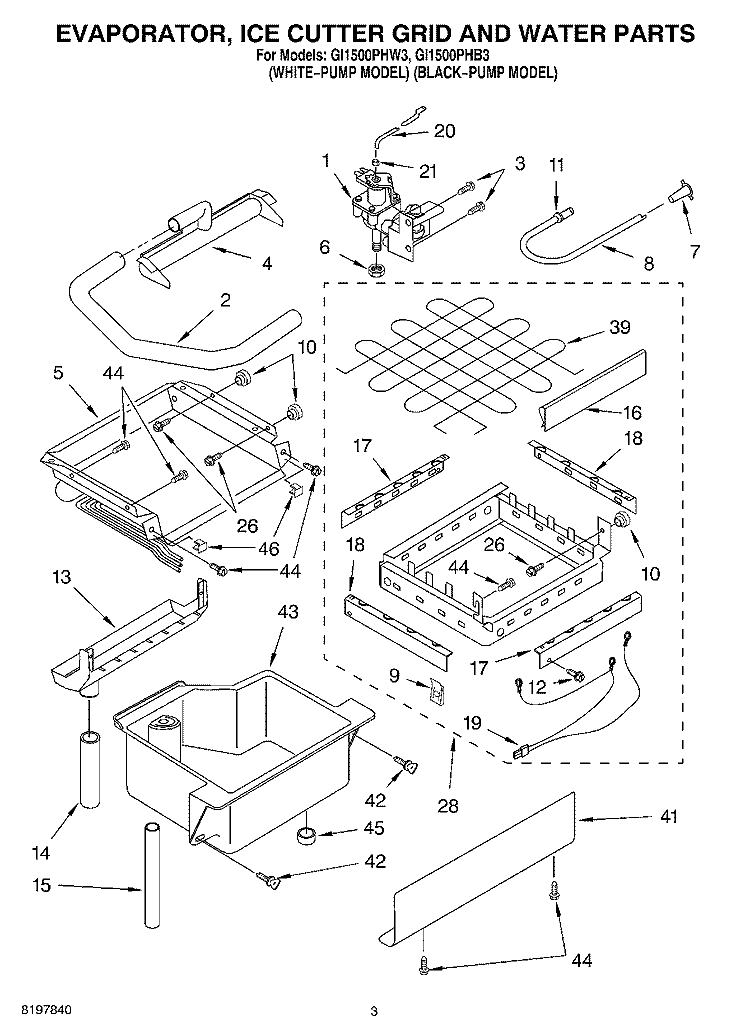 EVAPORATOR, ICE CUTTER GRID AND WATER Diagram and Parts List for GI1500PHB3  Whirlpool Ice Maker