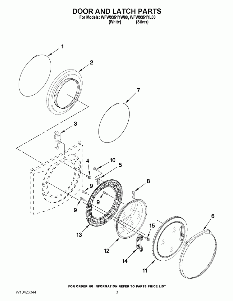 DOOR AND LATCH PARTS Diagram and Parts List for WFW9351YW00  Whirlpool Washer