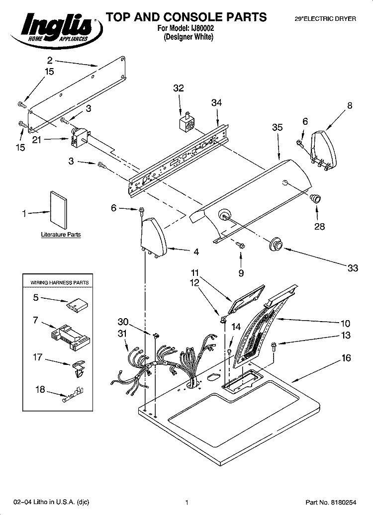 TOP AND CONSOLE PARTS Diagram and Parts List for IJ80002  Inglis Dryer