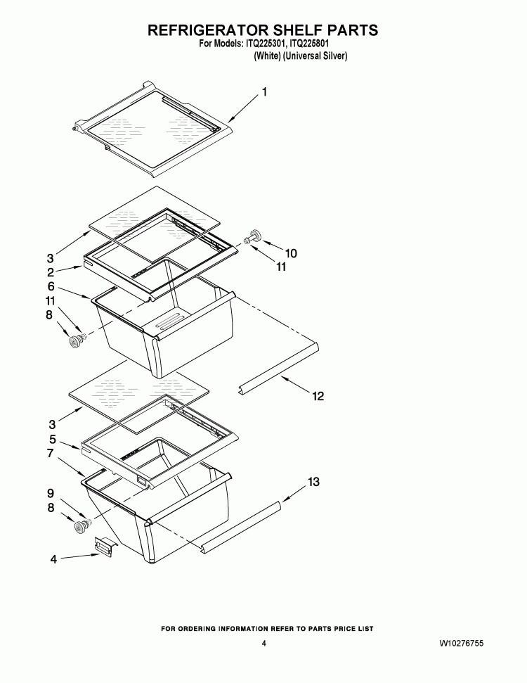 REFRIGERATOR SHELF PARTS Diagram and Parts List for ITQ225301  Inglis Refrigerator