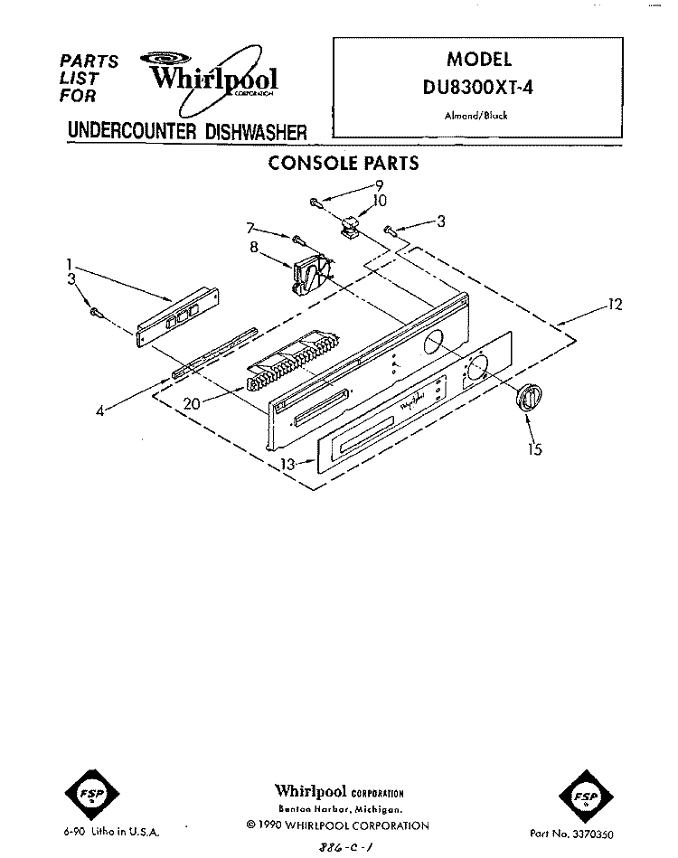 CONSOLE Diagram and Parts List for DU8300XT4  Whirlpool Dishwasher