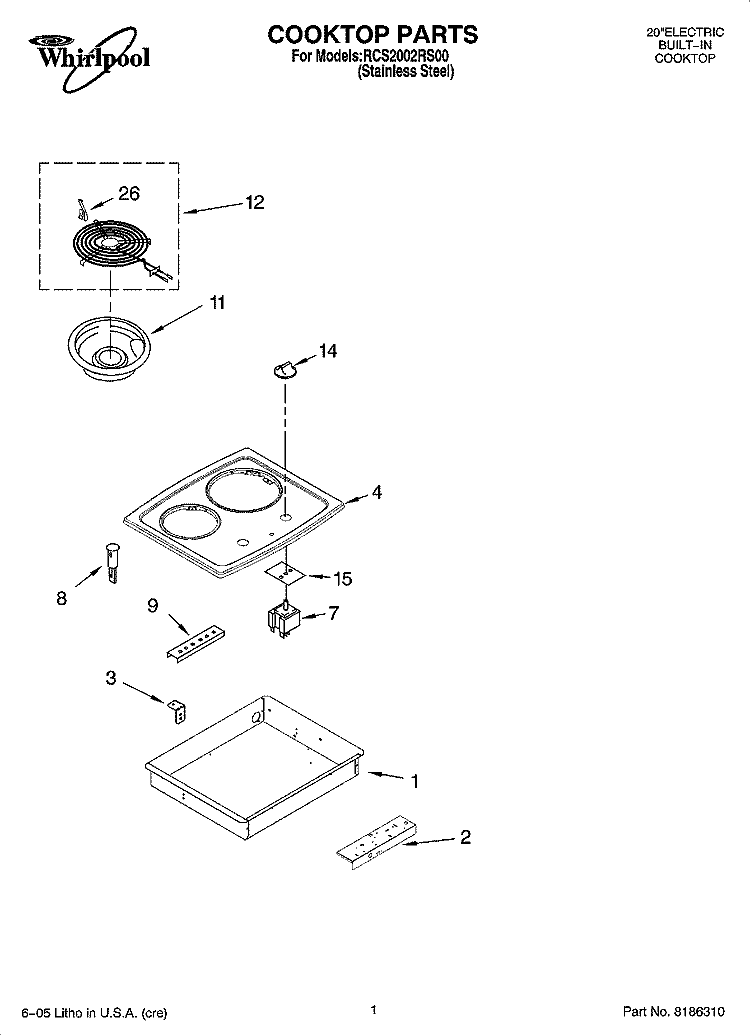 COOKTOP PARTS, OPTIONAL PARTS Diagram and Parts List for RCS2002RS00  Whirlpool Cooktop