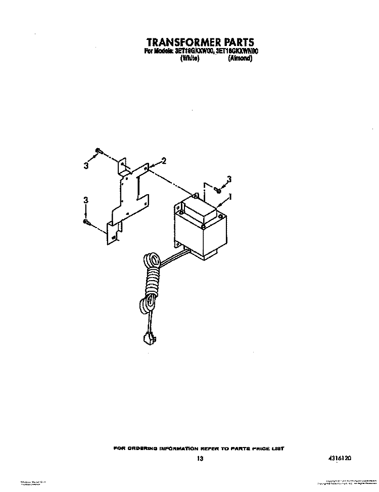 TRANSFORMER Diagram and Parts List for 3ET18GKXWN00  Whirlpool Refrigerator
