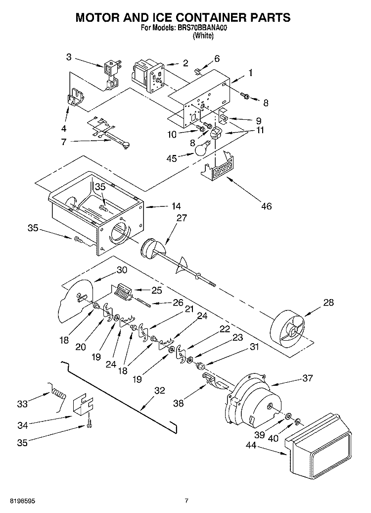 MOTOR AND ICE CONTAINER PARTS Diagram and Parts List for BRS70BBANA00  Whirlpool Refrigerator