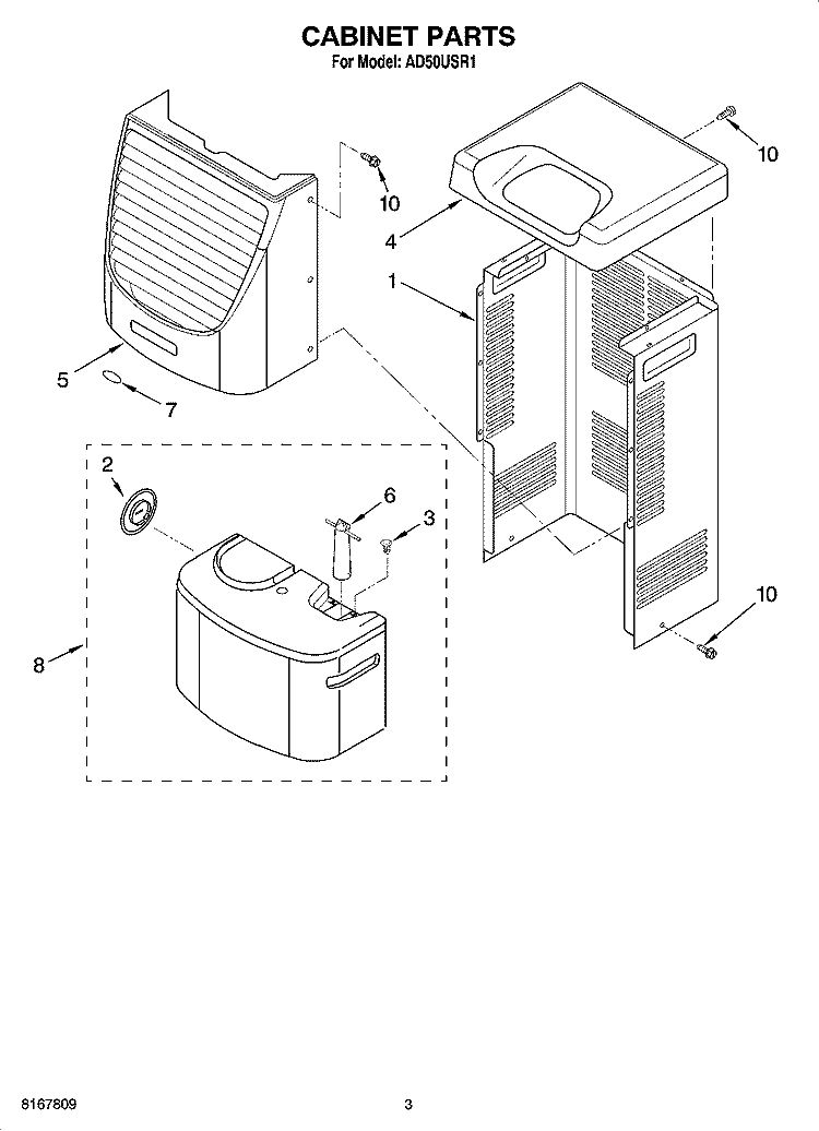 CABINET PARTS Diagram and Parts List for AD50USR1  Whirlpool Dehumidifier