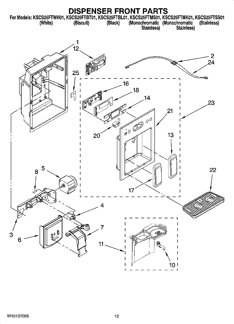 DISPENSER FRONT PARTS Diagram and Parts List for KSCS25FTMK01  KitchenAid Refrigerator