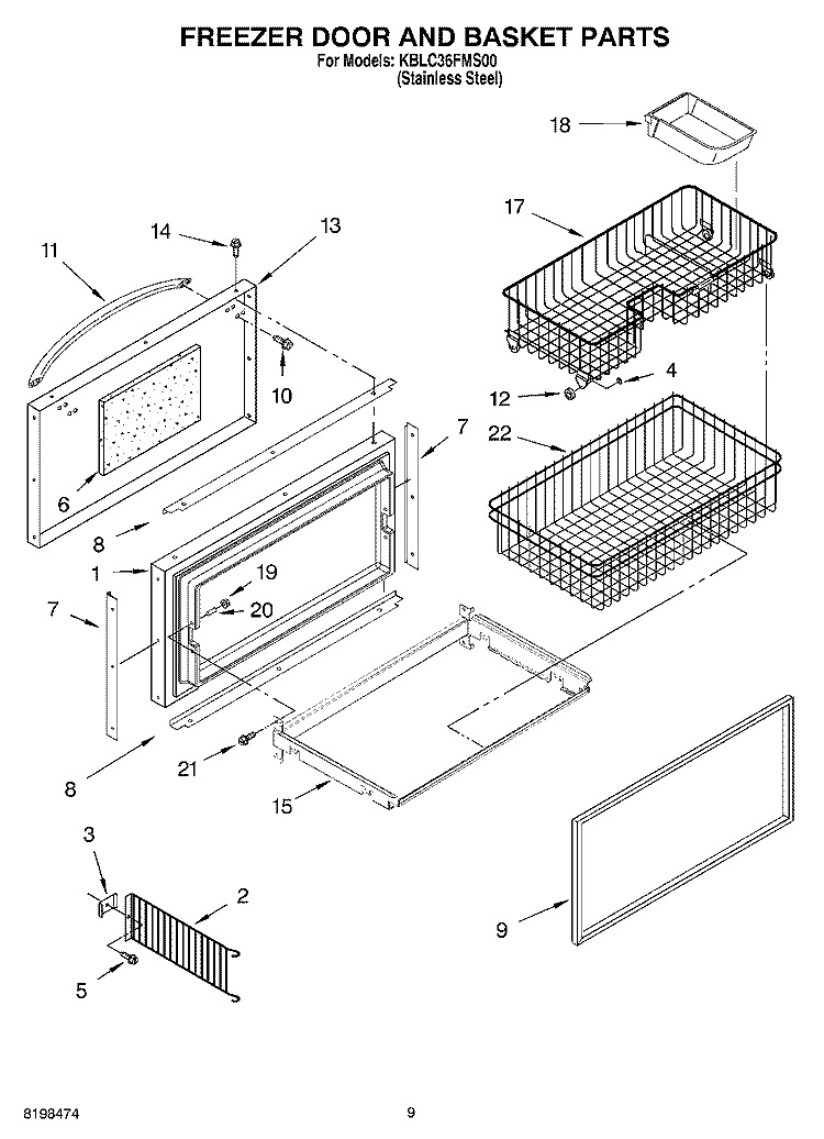FREEZER DOOR AND BASKET PARTS Diagram and Parts List for KBLC36FMS00  KitchenAid Refrigerator