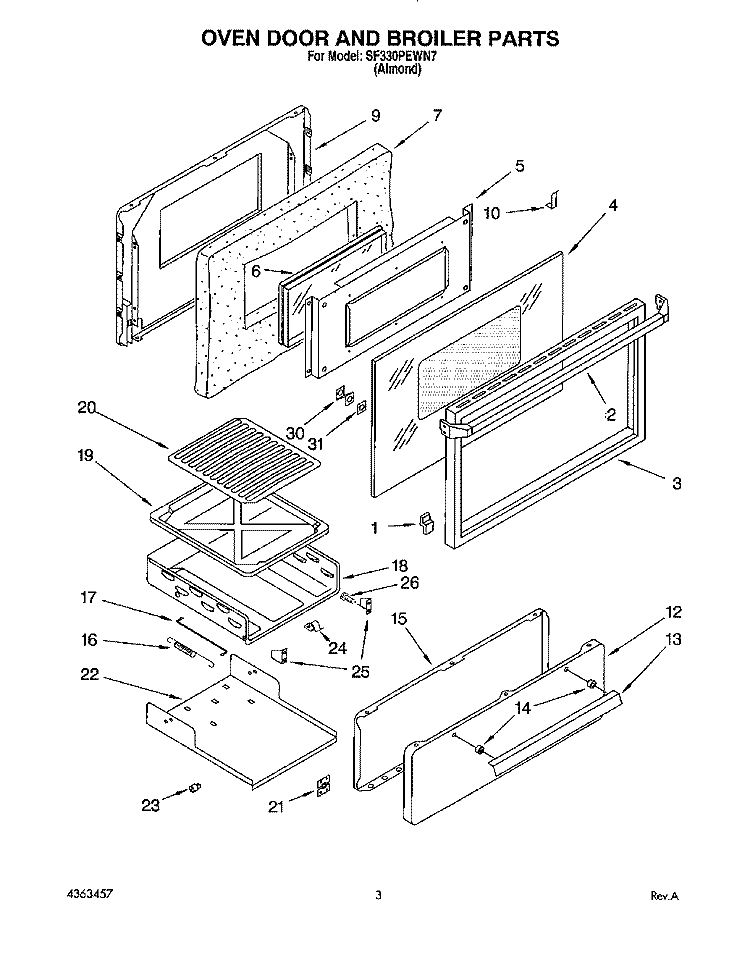 OVEN DOOR AND BROILER Diagram and Parts List for SF330PEWN7  Whirlpool Range