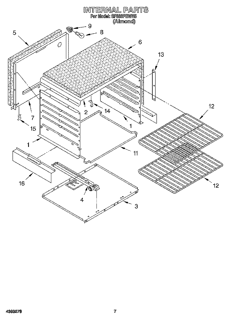 INTERNAL Diagram and Parts List for SF330PEWN5  Whirlpool Range