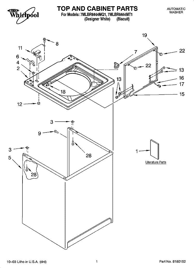 TOP AND CABINET PARTS Diagram and Parts List for 7MLBR8444MT1  Whirlpool Washer