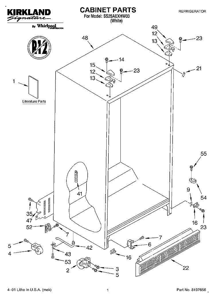 CABINET, LITERATURE Diagram and Parts List for SS25AEXHW03  Whirlpool Refrigerator