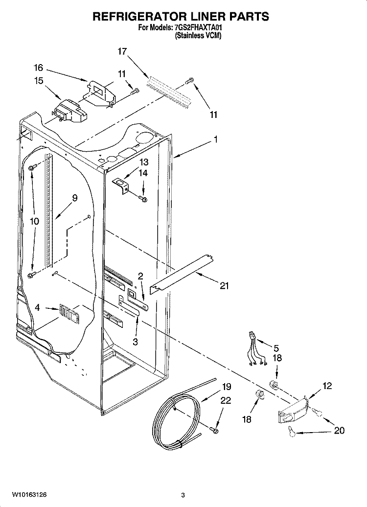 REFRIGERATOR LINER PARTS Diagram and Parts List for 7GS2FHAXTA01  Whirlpool Refrigerator