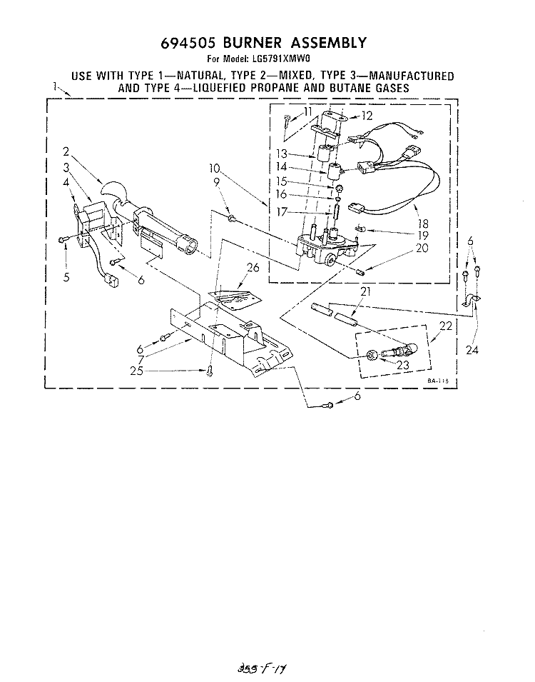 694505 BURNER Diagram and Parts List for LG5791XMW0  Whirlpool Dryer