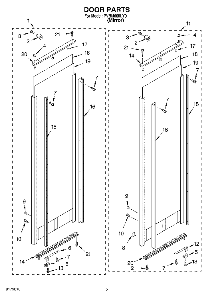 DOOR Diagram and Parts List for PVBM600LY0  Whirlpool Cabinet