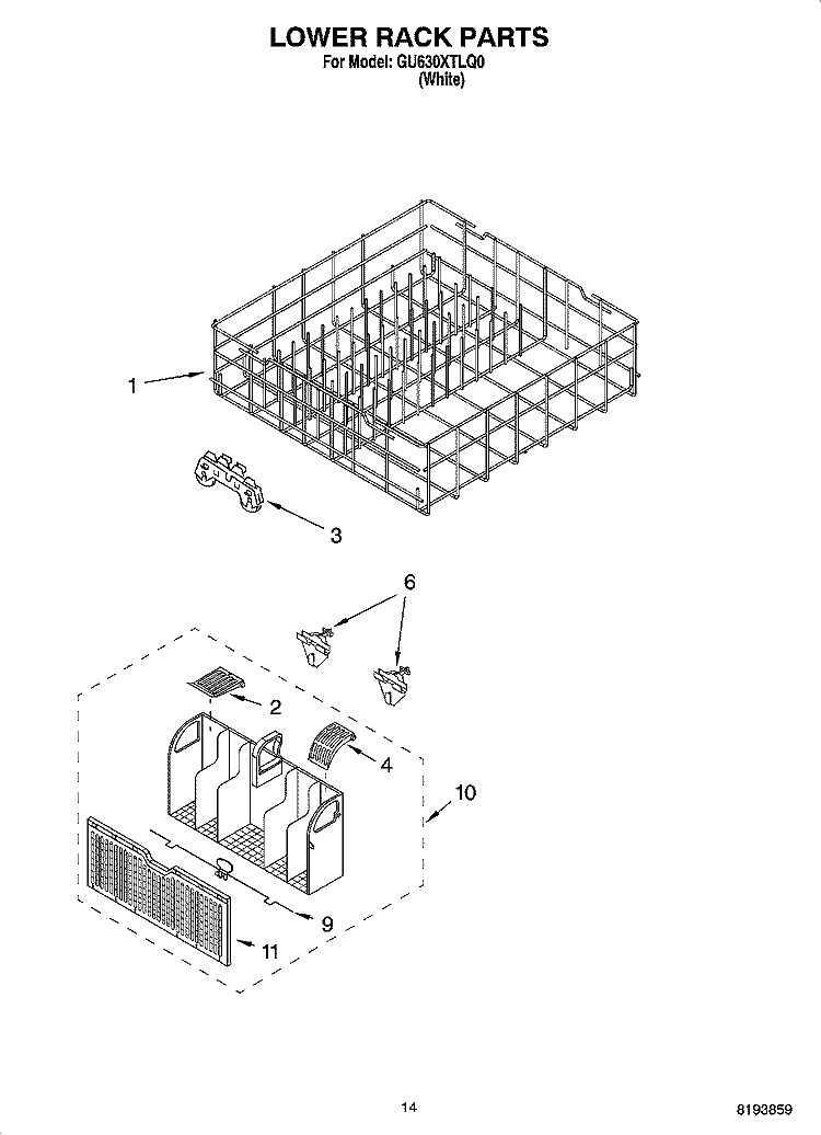 LOWER RACK PARTS Diagram and Parts List for GU630XTLQ0  Whirlpool Dishwasher
