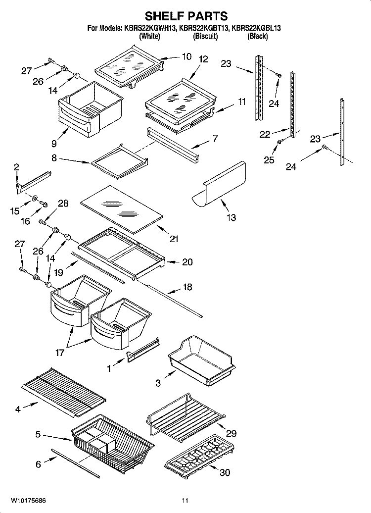 SHELF PARTS, OPTIONAL PARTS Diagram and Parts List for KBRS22KGWH13  KitchenAid Refrigerator