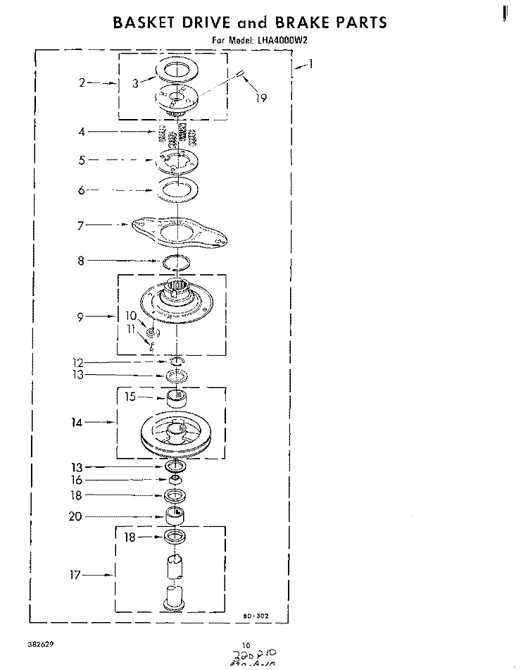 BASKET DRIVE AND BRAKE Diagram and Parts List for LHA4000W2  Whirlpool Washer