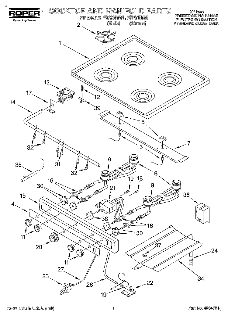 COOKTOP AND MANIFOLD Diagram and Parts List for FGP215EW1  Roper Range