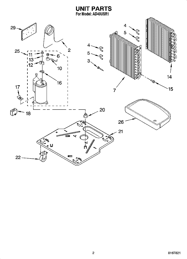 UNIT PARTS Diagram and Parts List for AD40USR1  Whirlpool Dehumidifier