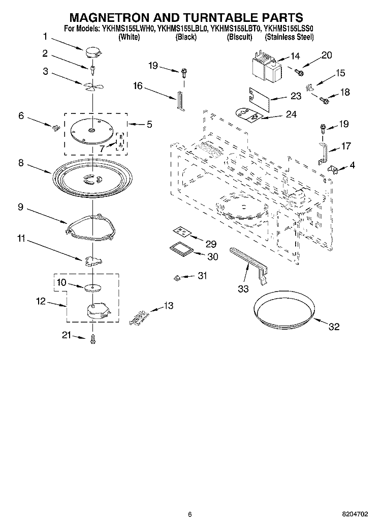 MAGNETRON AND TURNTABLE PARTS Diagram and Parts List for YKHMS155LBL0  KitchenAid Microwave
