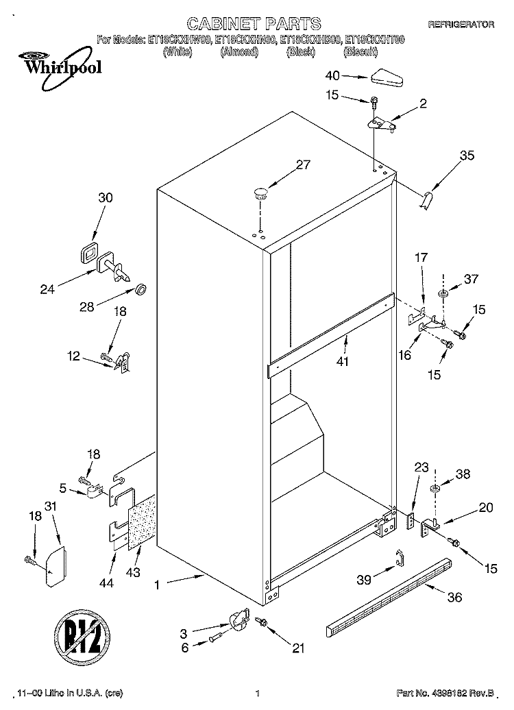 CABINET Diagram and Parts List for ET18CKXHW00  Whirlpool Refrigerator