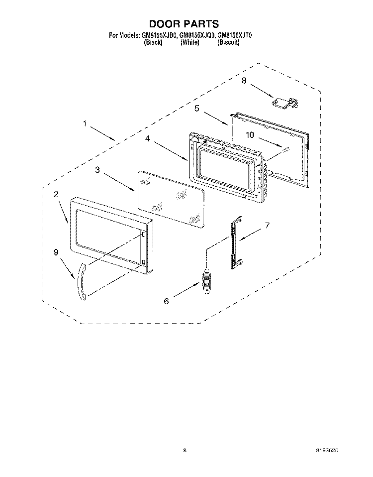 DOOR Diagram and Parts List for GM8155XJB0  Whirlpool Microwave