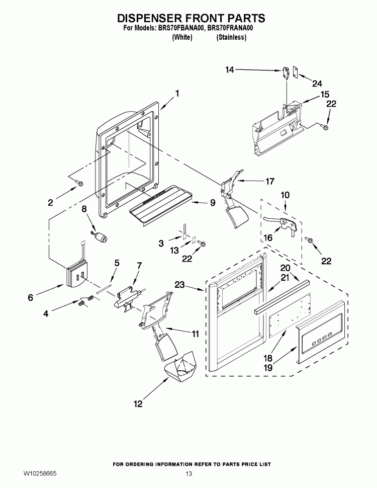 DISPENSER FRONT PARTS Diagram and Parts List for BRS70FRANA00  Whirlpool Refrigerator