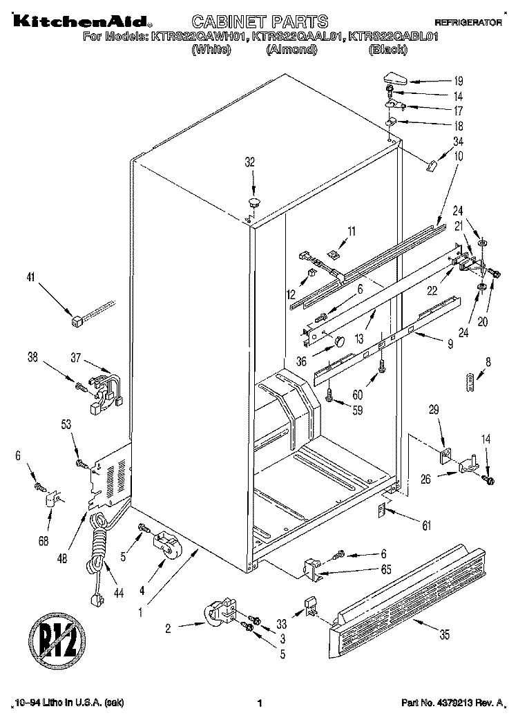 CABINET Diagram and Parts List for KTRS22QAAL01  KitchenAid Refrigerator